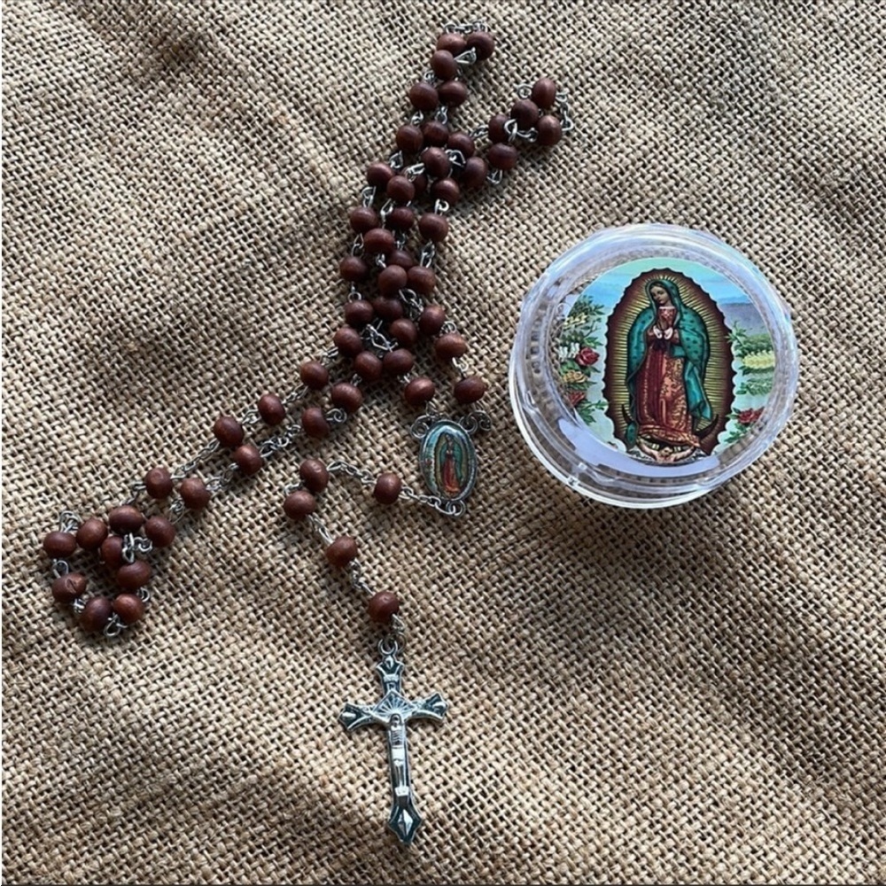 Virgin Mary rosary wooden catholic necklace New with box New wood import NIB